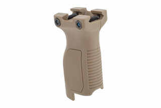 Strike Industries long Angled Vertical Grip can route cables into the body cavity to remove slack, FDE version